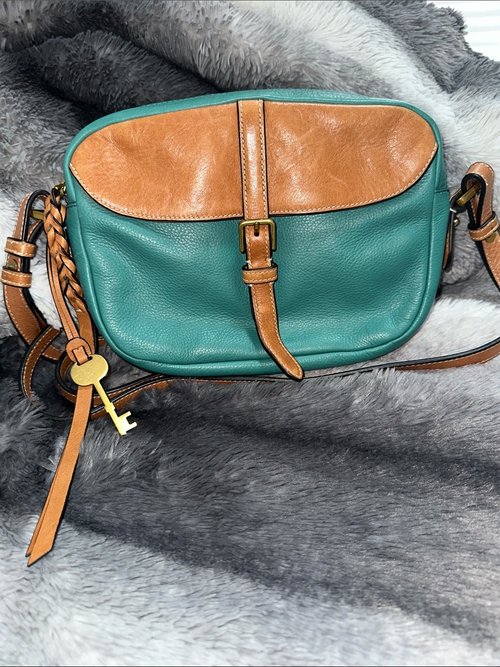 Fossil Teal and Tan Leather Crossbody Bag with Key Charm